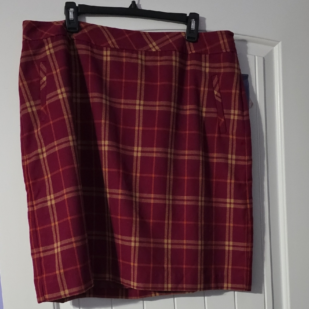 Laura Scott Red and Yellow Plaid Pencil Skirt